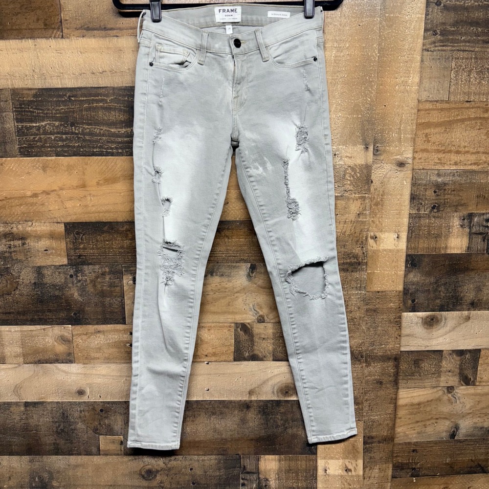 FRAME Le Skinny de Jeanne Grey Distressed Ripped Skinny Jeans‎ Size 26